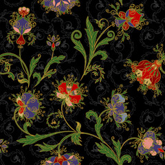 Abstract vintage pattern with decorative flowers, leaves and Paisley pattern in Oriental style. - 390244340
