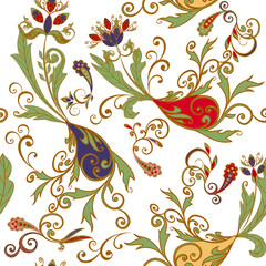 Abstract vintage pattern with decorative flowers, leaves and Paisley pattern in Oriental style.