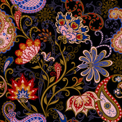 Abstract vintage pattern with decorative flowers, leaves and Paisley pattern in Oriental style. - 390244393