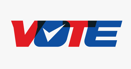 Vote uppercase capital bold letters, red and blue color, check mark inside letter O, concept, vector illustration. USA voting emblem