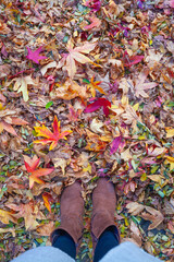 Female standing in colourful autumn leaves with brown boots high angle view