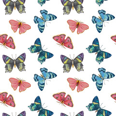 Butterflies on a white background. Watercolor butterflies seamless pattern. bright pattern for design. colorful insects with wings.