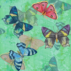 Butterflies on a green background drawn by watercolor. Watercolor butterflies seamless pattern. bright pattern for design, print, print, wallpaper, textile