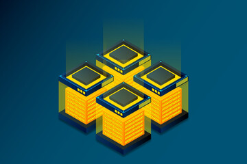Server room isometric, Data center, Cloud storage data. Big data processing and computing technology, Data protection, a shield against the background of the server room. Server farm communication.