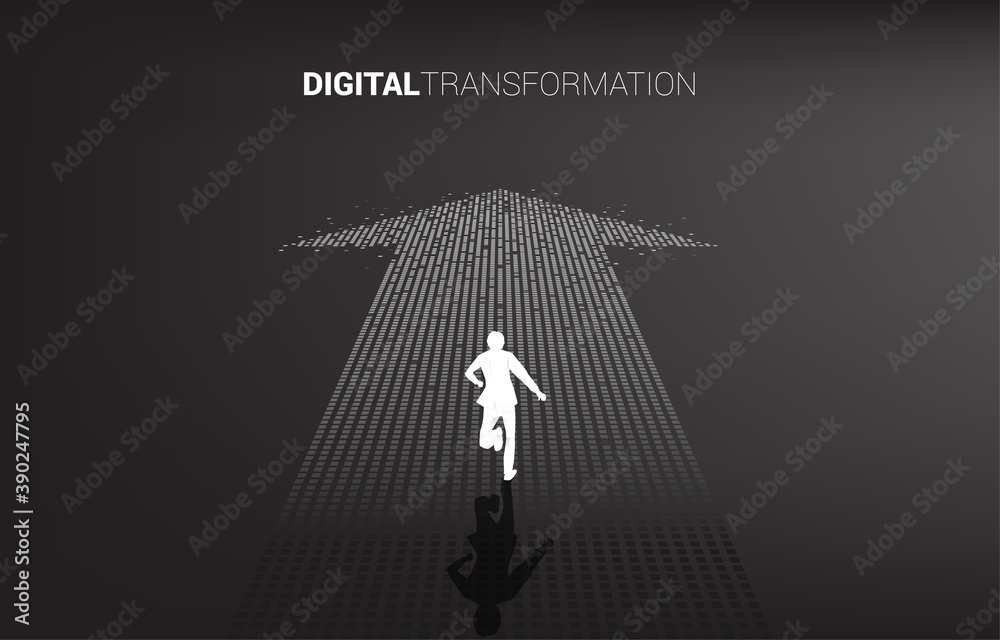 Aufkleber silhouette of businessman standing on the arrow from pixel. concept of digital transformation of bus