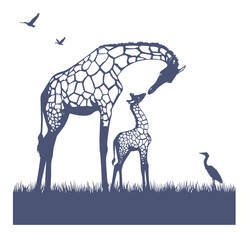 The mother of the giraffe takes care of the offspring. Vector print. Logo. - 390247799