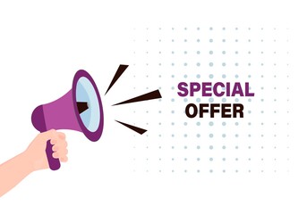 Special offer. A man's hand is holding a loudspeaker. Attention, important information. Megaphone alert. Advertising concept.Vector image
