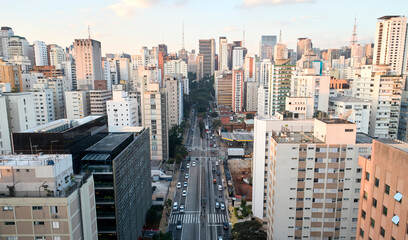 Aerial view of Nove de Julho avenue, commercial and residential buildings in the downtown in Sao Paulo city,  Brazil.