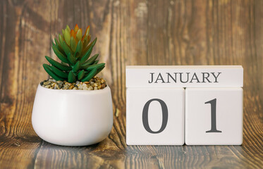 Flower pot and calendar for the snow season from 01 January. Winter time.