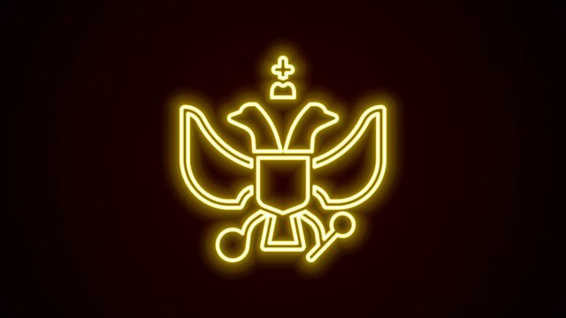 Glowing neon line National emblem of Russia icon isolated on black background. Russian coat of arms two-headed eagle. 4K Video motion graphic animation
