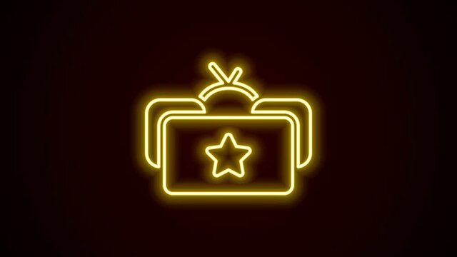 Glowing neon line Ushanka icon isolated on black background. Russian fur winter hat ushanka with star. Soviet Union uniform of KGB and NKVD. 4K Video motion graphic animation
