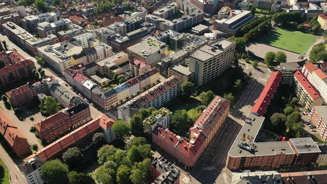 Oslo, Norway. Beautiful 4K panoramic aerial video from flying drone to Oslo city center. Against the background of the sea, mountains and blue sky on a sunny summer day. (Series)
