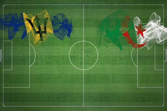 Barbados vs Algeria Soccer Match, national colors, national flags, soccer field, football game, Copy space