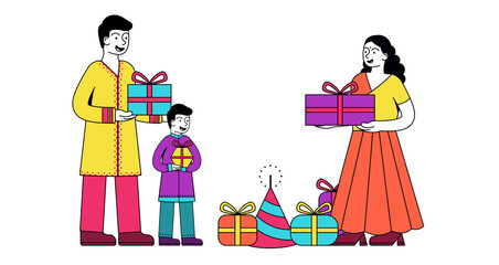 Indian family giving gifts each other on Diwali Festival. The Festival of light is happy new year holiday in India. Cartoon vector illustration isolated on white background