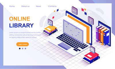 Concept of digital online library. Laptop computer with e-books. Media library isometric vector for web, landing page. Cartoon isometric vector illustration