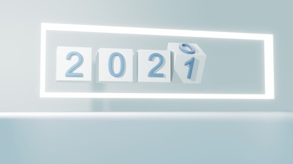 2020 change to 2021 , Blue cube with white neon frame, 3d render, 3d rendering