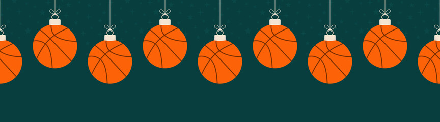 Merry Christmas basketball seamless horizontal pattern. Hang on a thread flat cartoon basketball ball as a Christmas ball on green horizontal background. Sport Vector illustration.