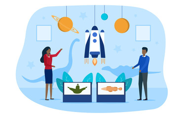 Obraz na płótnie Canvas Concept of scientific exhibition. People man and woman visiting scientific museum or exhibition. Astronomy, biology. Flat cartoon vector illustration with fictional characters