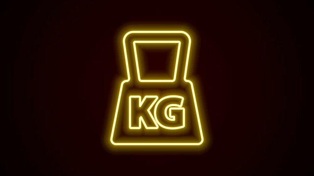 Glowing neon line Weight icon isolated on black background. Kilogram weight block for weight lifting and scale. Mass symbol. 4K Video motion graphic animation