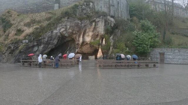 The Grotto of Massabielle is the place where the Virgin appeared to Bernadette Soubirous, a 14-year-old girl, from Lourdes, France, in 1858. At the back left of the Grotto is the Spring.
