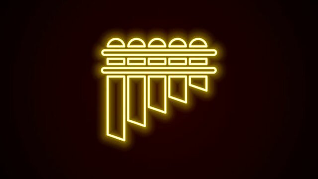 Glowing neon line Pan flute icon isolated on black background. Traditional peruvian musical instrument. Zampona. Folk instrument from Peru, Bolivia and Mexico. 4K Video motion graphic animation