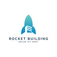 rocket and building negative space logo design