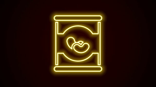 Glowing neon line Beans in can icon isolated on black background. 4K Video motion graphic animation