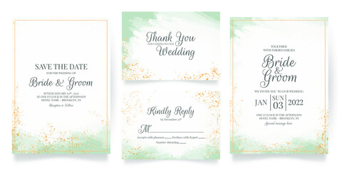 wedding invitation card template set with abstrack watercolor background and tropical leaves