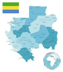 Obraz premium Gabon administrative blue-green map with country flag and location on a globe. Vector illustration