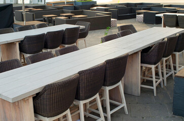 Gastronomy lockdown, closed restaurant terrace in Germany due to corona epidemic, chairs and tables, no guests, symbol picture