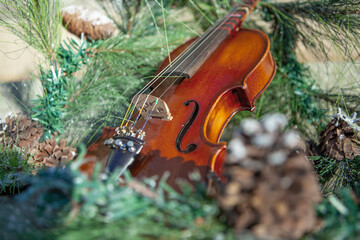 a violin laying among evergreen branches and pinecones