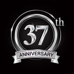 Fototapeta premium 37th silver anniversary logo with ribbon and ring