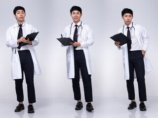Young Doctor wear glasses, stethoscope and chart, profile isolated