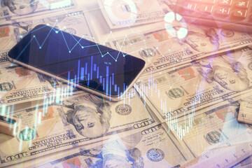 Double exposure of forex graph drawing over us dollars bill background. Concept of financial markets.