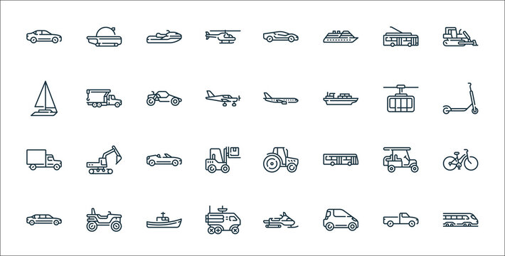 vehicles transportation line icons. linear set. quality vector line set such as train, hatchback, moon rover, limousine, golf cart, cabriolet, kick scooter, plane, crane.