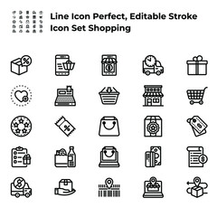 Set of Shopping Related Color Vector Line Icons. Contains such Icons as Discounts, Shop, Mobile Shop, Special Offer, Sale, Shopping, Cart, Delivery and more. Editable Stroke.