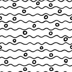 Seamless patterns. Combination of circles and wavy lines, hand made. Shades of gray