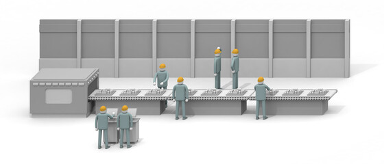 A person who works in a production factory. Learn how to operate the machine. Make sure you are safe and work. Automated assembly line work.