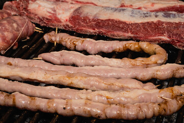 asado típico y tradicional argentino carne de vaca cerdo chinchulin morcilla chorizo costilla...