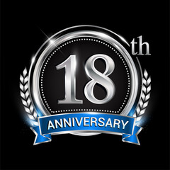18th anniversary logo with silver ring combination blue ribbon and laurel wreath. birthday vector template for celebration, party, wedding, invitation and greeting card