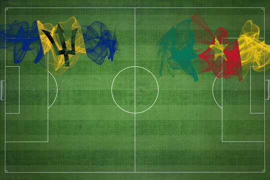 Barbados vs Cameroon Soccer Match, national colors, national flags, soccer field, football game, Copy space