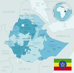 Blue-green detailed map of Ethiopia administrative divisions with country flag and location on the globe. Vector illustration