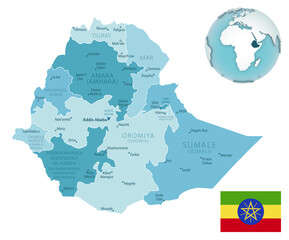 Ethiopia administrative blue-green map with country flag and location on a globe. Vector illustration