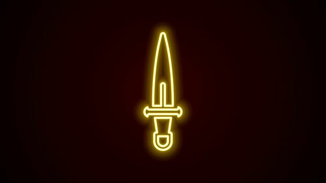Glowing neon line Dagger icon isolated on black background. Knife icon. Sword with sharp blade. 4K Video motion graphic animation