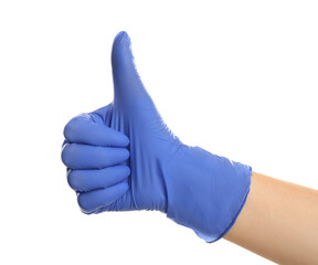 Woman in blue latex gloves showing thumb up gesture on white background, closeup of hand