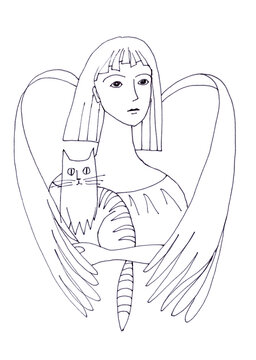 Winged angel with a striped cat in her arms, graphic linear drawing on a white background