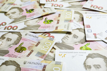 Closeup view of Ukrainian money as background. National currency