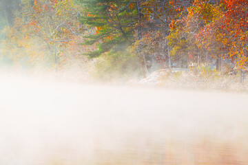 Autumn lake with fog in the dawn