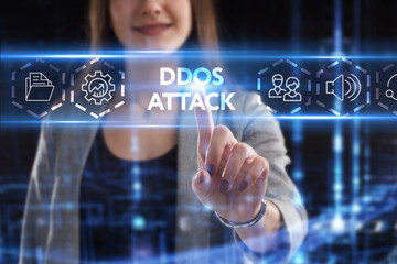 Business, Technology, Internet and network concept. Young businessman working on a virtual screen of the future and sees the inscription: Ddos attack
