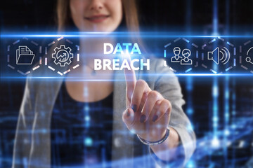 Business, Technology, Internet and network concept. Young businessman working on a virtual screen of the future and sees the inscription: Data breach